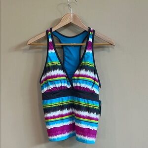 Free Country Multicolor Striped Tankini Swim Top Racerback Size XL 16 NWT